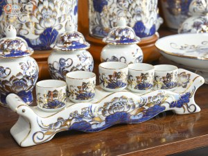 Bộ đồ thờ men lam vẽ Sen Đại Cát vẽ vàng, 23 chi tiết (Ban Thờ 1m53)