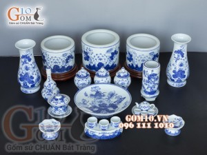 Bộ đồ thờ men lam cổ vẽ Sen Phú Quý Tài Lộc 02