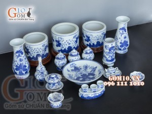 Bộ đồ thờ men lam cổ vẽ Sen Phú Quý Tài Lộc 02