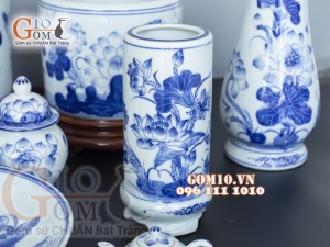 Bộ đồ thờ men lam cổ vẽ Sen Phú Quý Tài Lộc 02