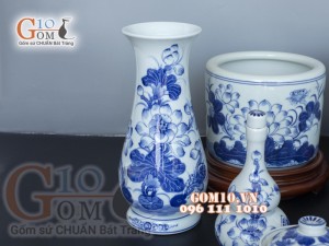 Bộ đồ thờ men lam cổ vẽ Sen Phú Quý Tài Lộc 02