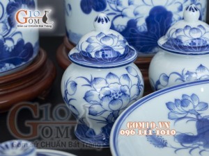 Bộ đồ thờ men lam cổ vẽ Sen Phú Quý Tài Lộc 02