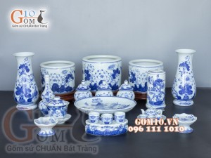 Bộ đồ thờ men lam cổ vẽ Sen Phú Quý Tài Lộc 02