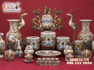 Bộ đồ thờ men rạn Cát Tường đắp nổi cao cấp - Cả đỉnh hạc