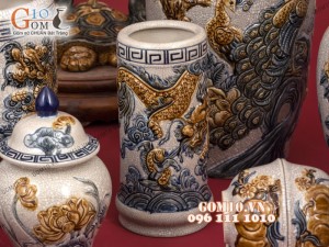 Bộ đồ thờ men rạn Cát Tường đắp nổi cao cấp - Cả đỉnh hạc