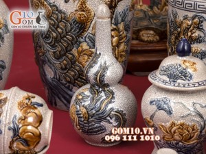 Bộ đồ thờ men rạn Cát Tường đắp nổi cao cấp - Cả đỉnh hạc