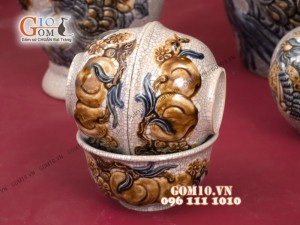 Bộ đồ thờ men rạn Cát Tường đắp nổi cao cấp - Cả đỉnh hạc