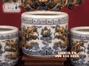 Bộ đồ thờ men rạn Cát Tường đắp nổi cao cấp - Cả đỉnh hạc