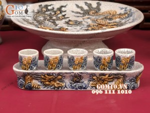 Bộ đồ thờ men rạn Cát Tường đắp nổi cao cấp - Cả đỉnh hạc