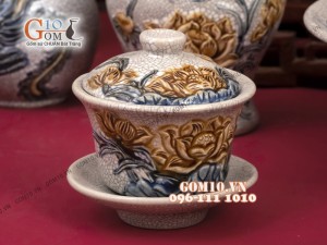 Bộ đồ thờ men rạn Cát Tường đắp nổi cao cấp - Cả đỉnh hạc