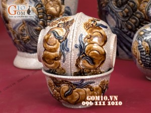 Bộ đồ thờ men rạn Cát Tường đắp nổi cao cấp - Cả đỉnh hạc