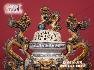 Bộ đồ thờ men rạn Cát Tường đắp nổi cao cấp - Cả đỉnh hạc