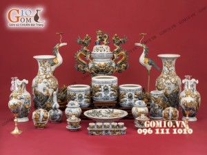 Bộ đồ thờ men rạn Cát Tường đắp nổi cao cấp - Cả đỉnh hạc