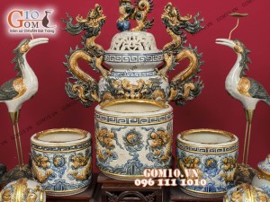 Bộ đồ thờ men rạn cổ đắp nổi bọc đồng cao cấp