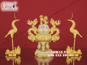 Bộ đồ thờ men rạn cổ đắp nổi dát vàng cao cấp 