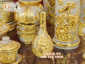 Bộ đồ thờ men rạn cổ đắp nổi dát vàng cao cấp 