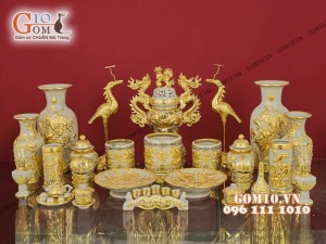 Bộ đồ thờ men rạn cổ đắp nổi dát vàng cao cấp 