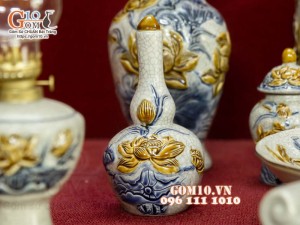 Bộ đồ thờ men rạn đắp nổi Sen Cát Tường cao cấp 03