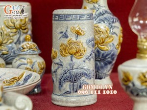 Bộ đồ thờ men rạn đắp nổi Sen Cát Tường cao cấp 03