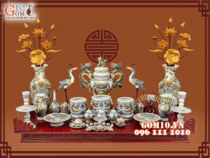 Bộ đồ thờ Hỷ Sự Nạp Phúc men rạn đắp nổi Rồng cao cấp 01