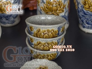 Bộ đồ thờ Phú Quý Tài Lộc men rạn đắp nổi Sen cao cấp 01