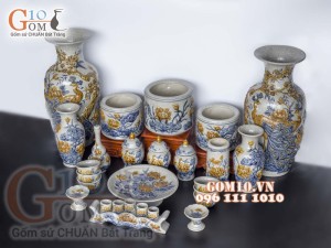 Bộ đồ thờ Phú Quý Tài Lộc men rạn đắp nổi Sen cao cấp 01