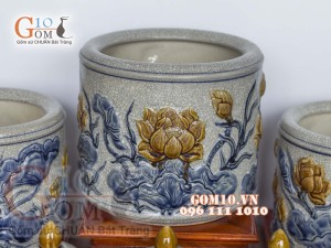 Bộ đồ thờ Phú Quý Tài Lộc men rạn đắp nổi Sen cao cấp 01