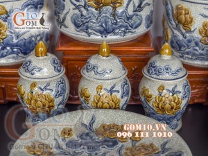 Bộ đồ thờ Phú Quý Tài Lộc men rạn đắp nổi Sen cao cấp 01