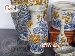 Bộ đồ thờ Phú Quý Tài Lộc men rạn đắp nổi Sen cao cấp 01