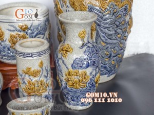 Bộ đồ thờ Phú Quý Tài Lộc men rạn đắp nổi Sen cao cấp 01