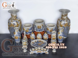 Bộ đồ thờ Phú Quý Tài Lộc men rạn đắp nổi Sen cao cấp 01