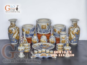 Bộ đồ thờ Phú Quý Tài Lộc men rạn đắp nổi Sen cao cấp 02