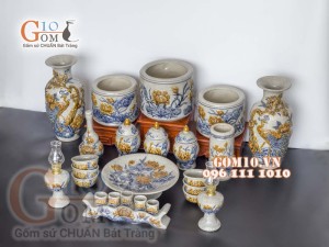 Bộ đồ thờ Phú Quý Tài Lộc men rạn đắp nổi Sen cao cấp 02