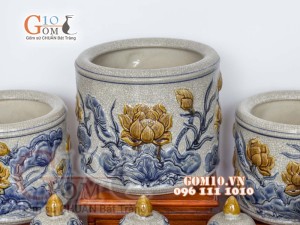 Bộ đồ thờ Phú Quý Tài Lộc men rạn đắp nổi Sen cao cấp 02