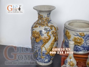 Bộ đồ thờ Phú Quý Tài Lộc men rạn đắp nổi Sen cao cấp 02