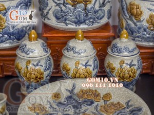 Bộ đồ thờ Phú Quý Tài Lộc men rạn đắp nổi Sen cao cấp 02