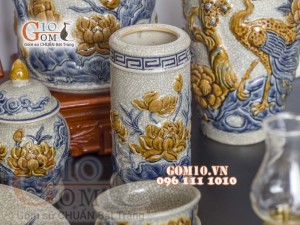 Bộ đồ thờ Phú Quý Tài Lộc men rạn đắp nổi Sen cao cấp 02