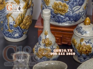 Bộ đồ thờ Phú Quý Tài Lộc men rạn đắp nổi Sen cao cấp 02