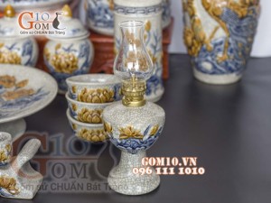 Bộ đồ thờ Phú Quý Tài Lộc men rạn đắp nổi Sen cao cấp 02