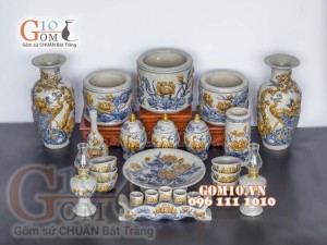 Bộ đồ thờ Phú Quý Tài Lộc men rạn đắp nổi Sen cao cấp 02