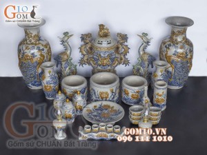 Bộ đồ thờ Phú Quý Tài Lộc men rạn đắp nổi Sen cao cấp 03, cả đỉnh hạc