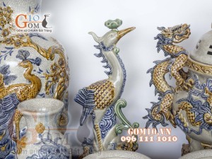 Bộ đồ thờ Phú Quý Tài Lộc men rạn đắp nổi Sen cao cấp 03, cả đỉnh hạc