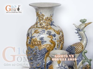 Bộ đồ thờ Phú Quý Tài Lộc men rạn đắp nổi Sen cao cấp 03, cả đỉnh hạc