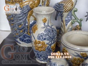 Bộ đồ thờ Phú Quý Tài Lộc men rạn đắp nổi Sen cao cấp 03, cả đỉnh hạc