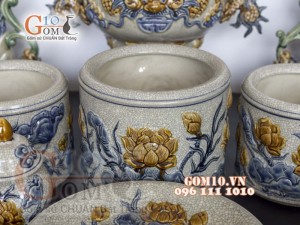 Bộ đồ thờ Phú Quý Tài Lộc men rạn đắp nổi Sen cao cấp 03, cả đỉnh hạc