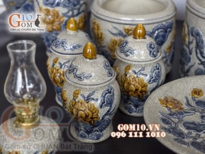 Bộ đồ thờ Phú Quý Tài Lộc men rạn đắp nổi Sen cao cấp 03, cả đỉnh hạc