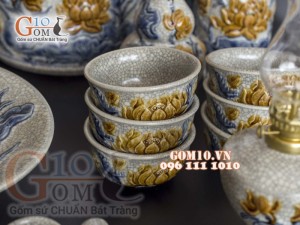 Bộ đồ thờ Phú Quý Tài Lộc men rạn đắp nổi Sen cao cấp 03, cả đỉnh hạc