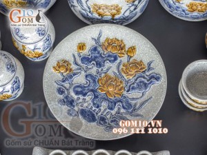 Bộ đồ thờ Phú Quý Tài Lộc men rạn đắp nổi Sen cao cấp 03, cả đỉnh hạc