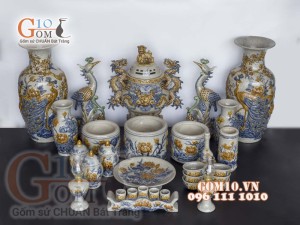 Bộ đồ thờ Phú Quý Tài Lộc men rạn đắp nổi Sen cao cấp 03, cả đỉnh hạc