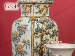 Bộ đồ thờ men rạn đắp nổi Long Trấn  - Cả đỉnh hạc